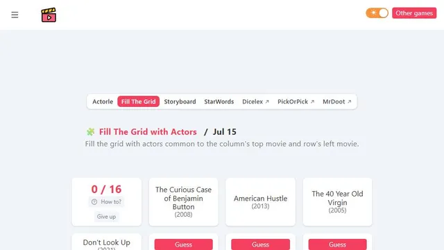 Actorle - Fill The Grid official game page captured in a desktop browser