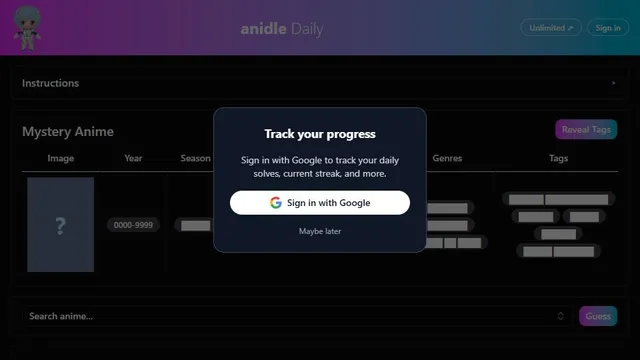 Anidle official game page captured in a desktop browser