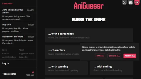 AniGuessr official game page captured in a desktop browser