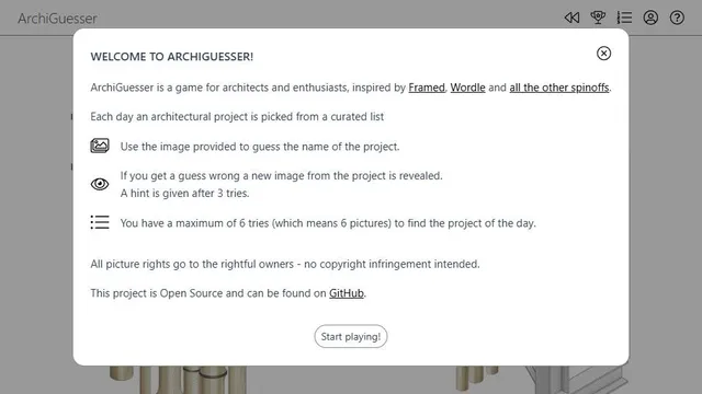 Archiguessr official game page captured in a desktop browser