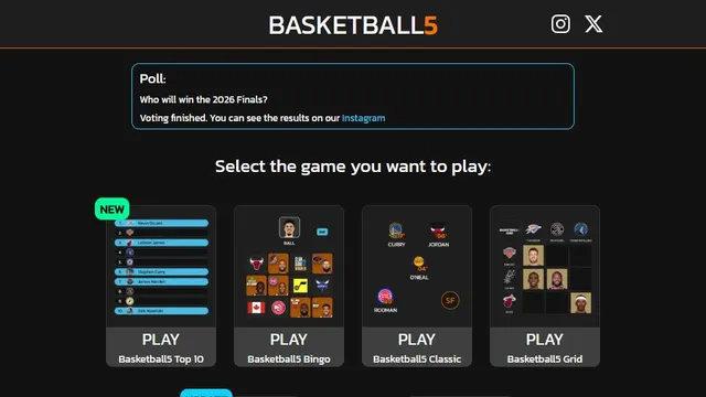 Basketball 5 official game page captured in a desktop browser