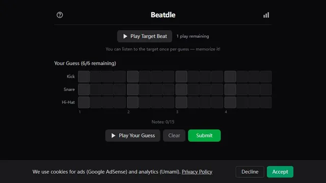 Beatdle official game page captured in a desktop browser