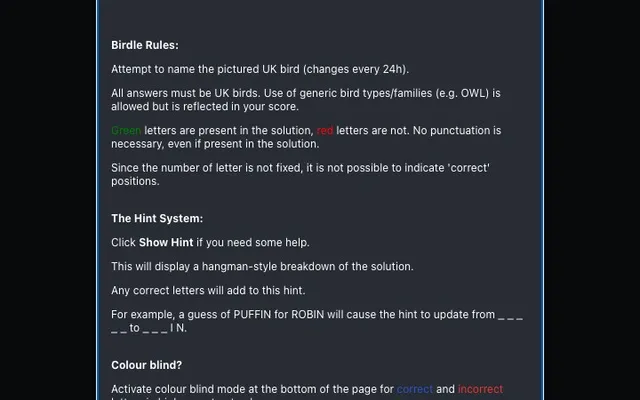 'Birdle UK' game in progress