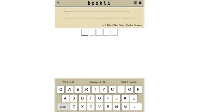 Bookli daily classic novel word puzzle in progress.