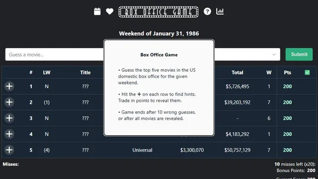 Box Office Game official game page captured in a desktop browser