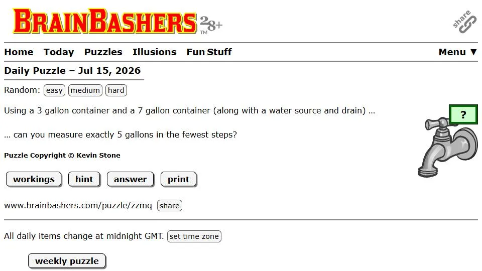 BrainBashers Daily Puzzle official game page captured in a desktop browser