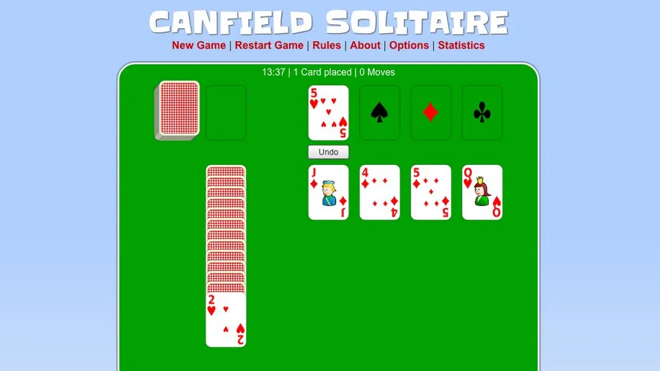 Canfield Solitaire official game page captured in a desktop browser