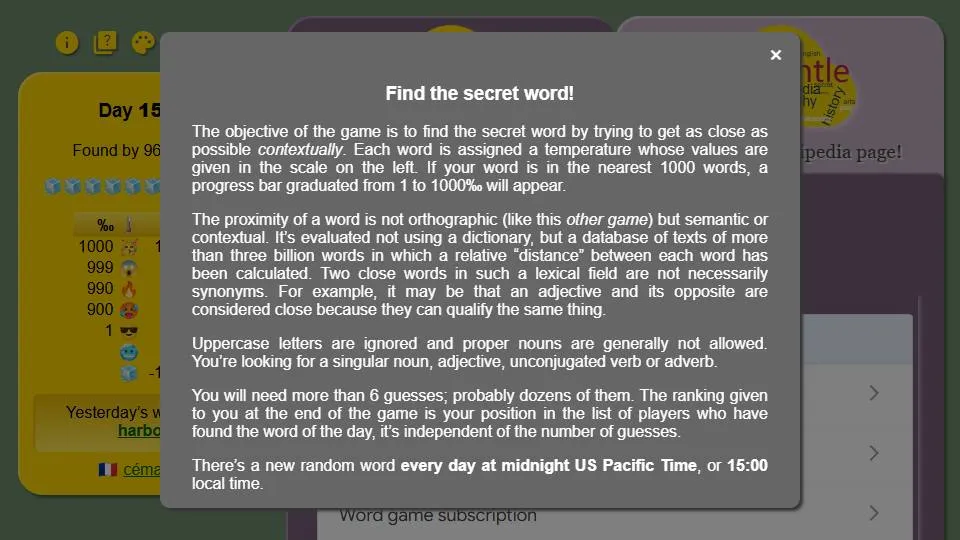 cemantle official game page captured in a desktop browser