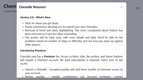 Chemdle official game page captured in a desktop browser