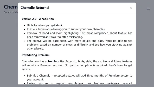 Chemdle official game page captured in a desktop browser