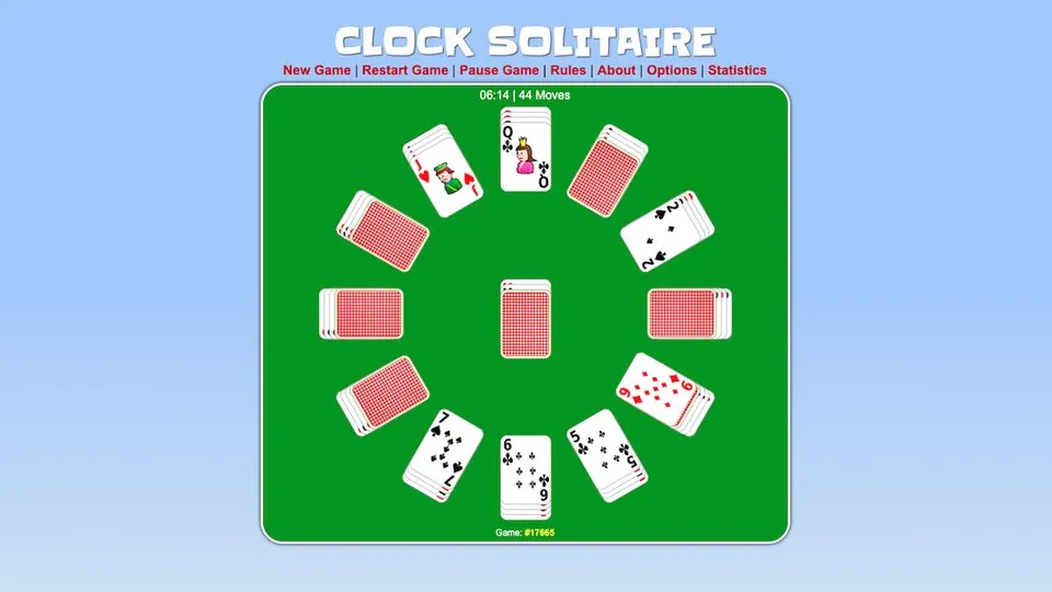 Clock Solitaire official game page captured in a desktop browser