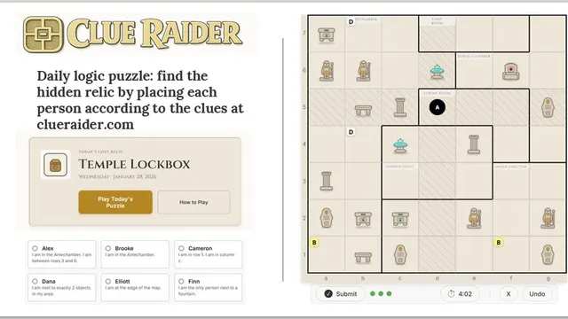 Clue Raider official game page captured in a desktop browser