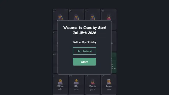 Clues By Sam official game page captured in a desktop browser