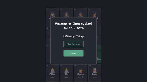 Clues By Sam official game page captured in a desktop browser