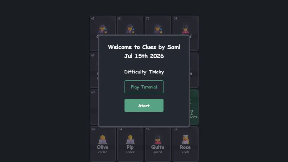 Clues By Sam official game page captured in a desktop browser