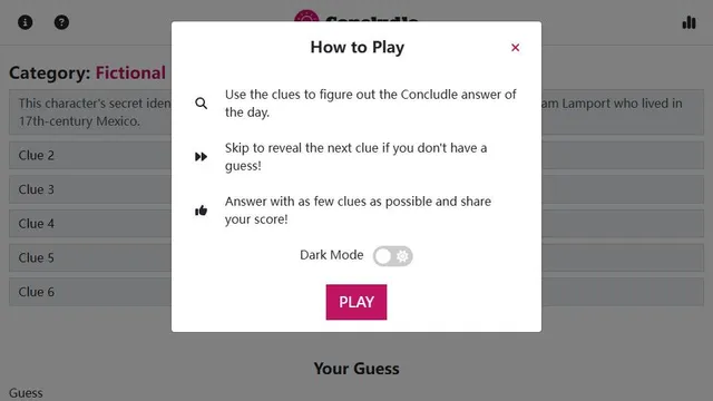 Concludle official game page captured in a desktop browser