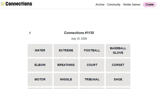 Connections Game official game page captured in a desktop browser