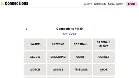 Connections Game official game page captured in a desktop browser