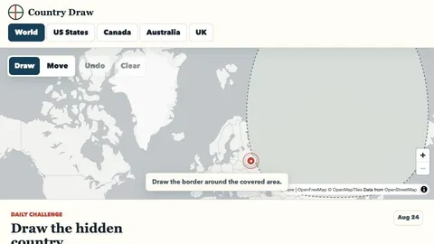 Country Draw daily challenge showing a covered target on the world map with drawing tools and Cover and Capital clue controls