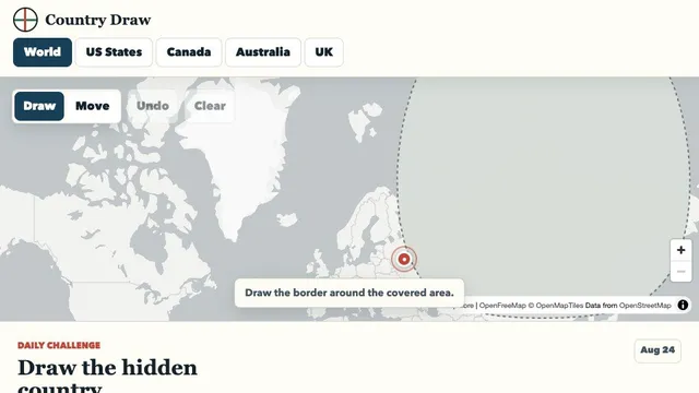 Country Draw daily challenge showing a covered target on the world map with drawing tools and Cover and Capital clue controls