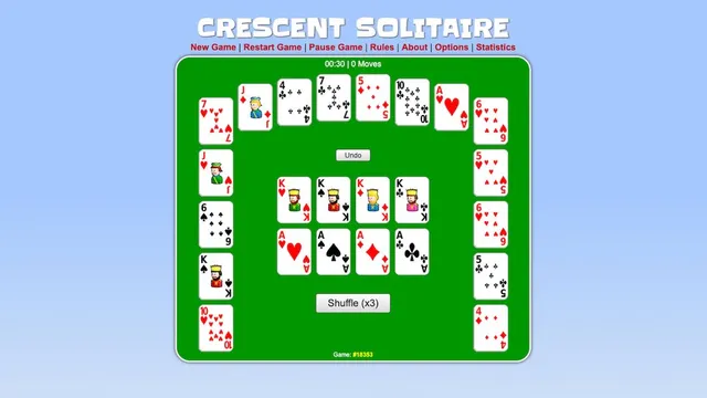 Crescent Solitaire official game page captured in a desktop browser