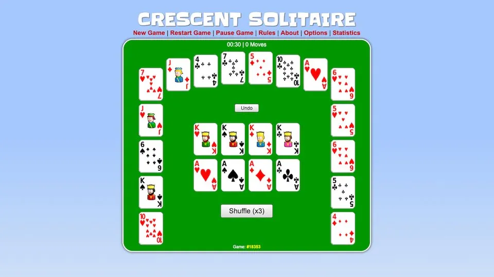 Crescent Solitaire official game page captured in a desktop browser