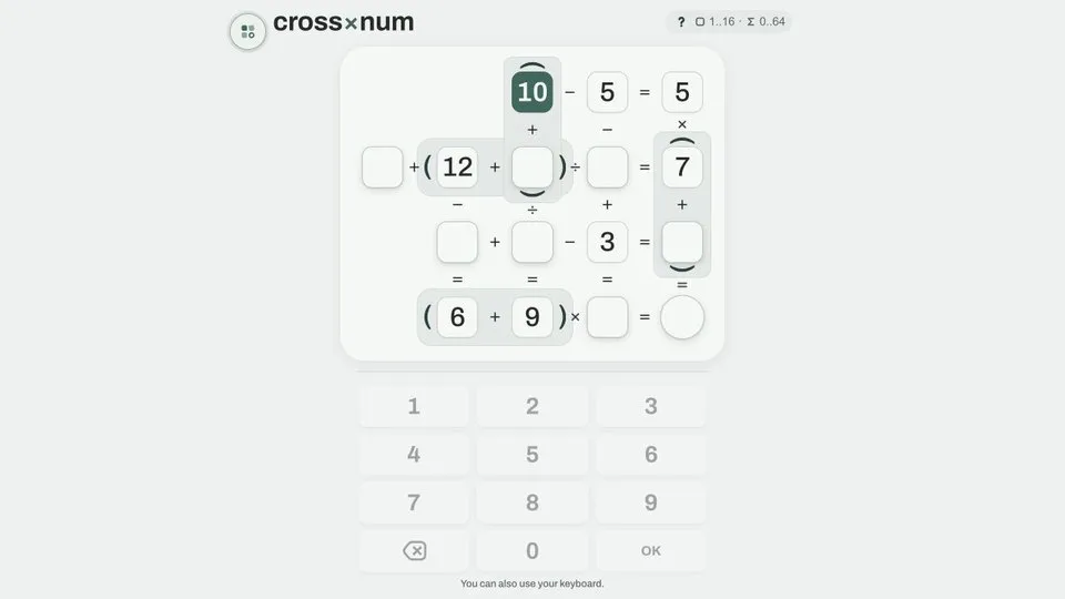 Crossnum arithmetic grid with one solved row and intersecting blank number cells
