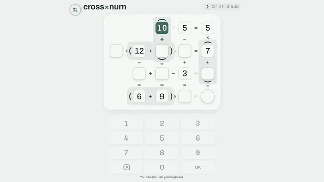 Crossnum arithmetic grid with one solved row and intersecting blank number cells