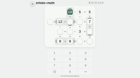 Crossnum arithmetic grid with one solved row and intersecting blank number cells