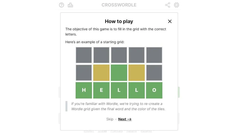 Crosswordle official game page captured in a desktop browser