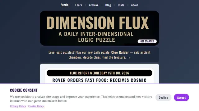 Dimension Flux official game page captured in a desktop browser
