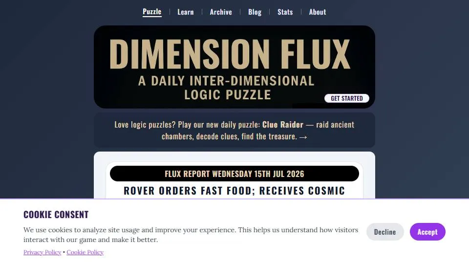 Dimension Flux official game page captured in a desktop browser