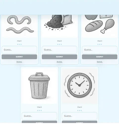 Doodle5 daily word puzzle showing five drawing clues and the mystery-word controls