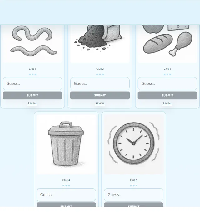 Doodle5 daily word puzzle showing five drawing clues and the mystery-word controls