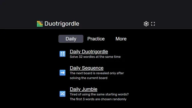 Duotrigordle official game page captured in a desktop browser