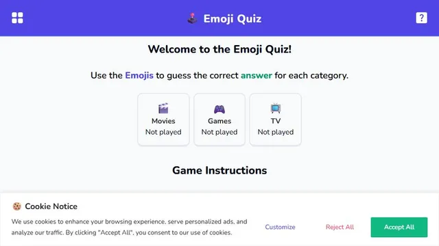 Emoji Quiz - Movies official game page captured in a desktop browser