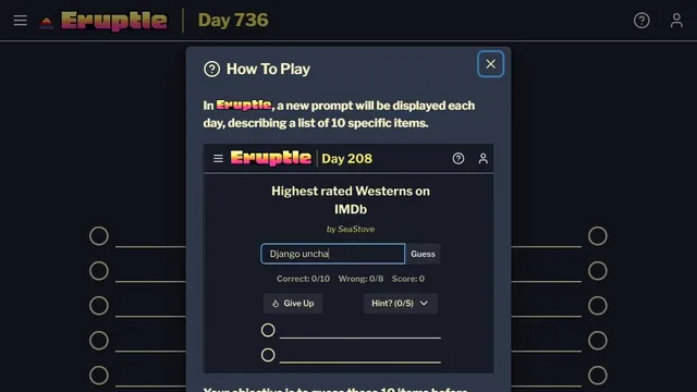 Eruptle official game page captured in a desktop browser