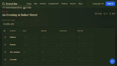 EveryClue daily whodunit logic grid with suspects and case clues