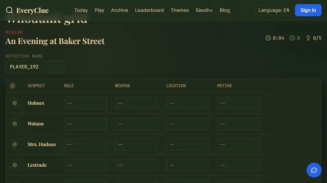 EveryClue daily whodunit logic grid with suspects and case clues