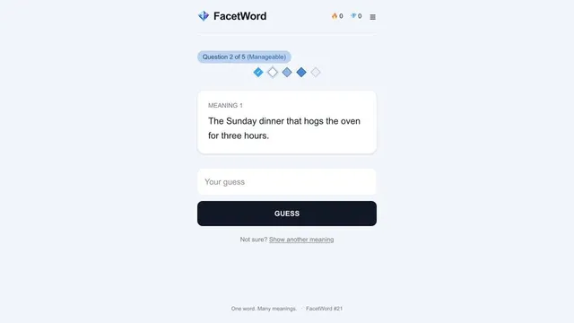 FacetWord second daily question showing a definition, answer field and reveal-another-meaning control