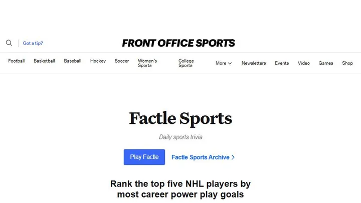 Factle Sports official game page captured in a desktop browser