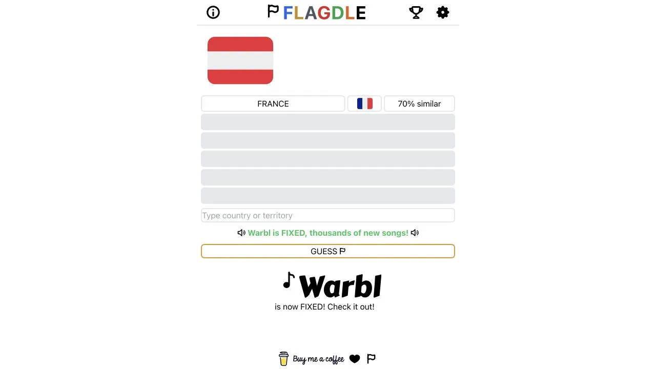 Flagdle showing a France guess compared with the Austrian target flag