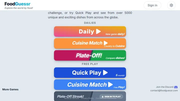 Foodguessr official game page captured in a desktop browser