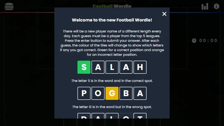 Football Wordle daily footballer name grid with green and orange letter feedback