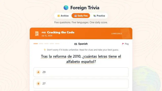 Foreign Trivia official game page captured in a desktop browser