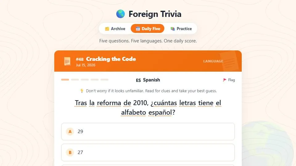 Foreign Trivia official game page captured in a desktop browser