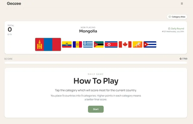 Geozee daily round showing Mongolia and category choices