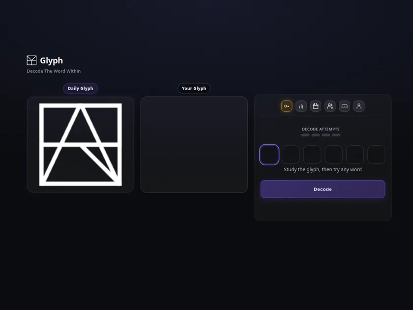 Glyph interface showing a white layered letter shape and four decode attempt slots