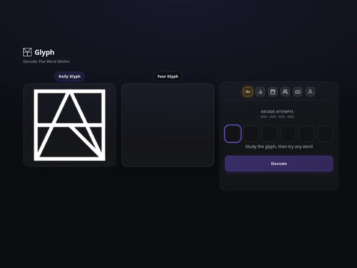 Glyph interface showing a white layered letter shape and four decode attempt slots