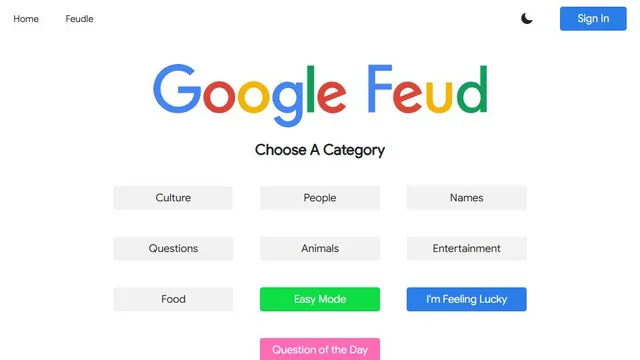 Google Feud official game page captured in a desktop browser